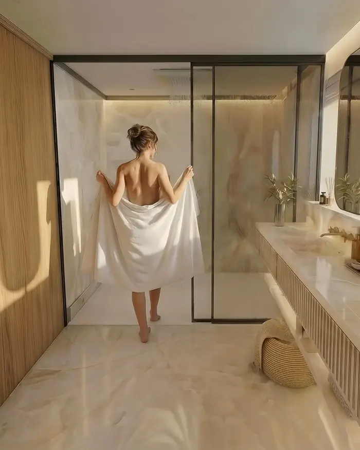 Een lichte badkamer en suite met zeezicht